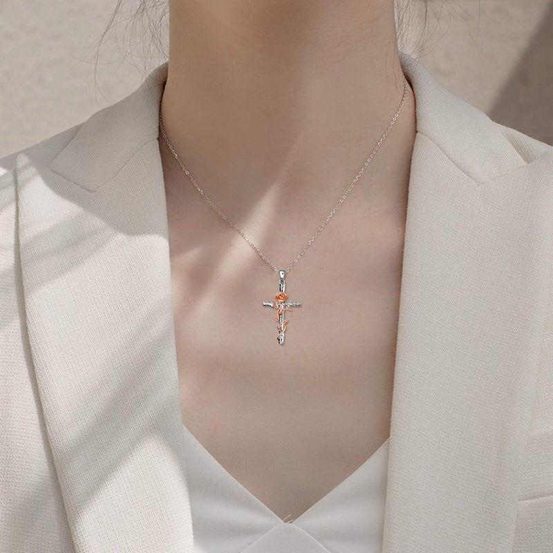 LUHE Women Cross Necklace Sterling Silver Rose/Daisy Flower Religious Cross Pendant Necklace Jewelry Gifts - Image 2